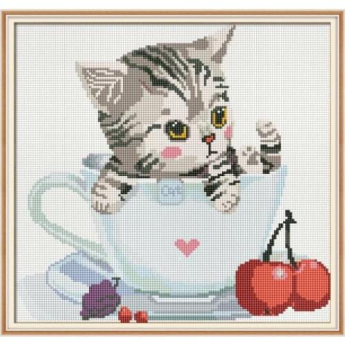 Diamond Painting Full Drill Square Wall Sticker 5D DIY Diamond Embroidery Icons Kitten In The Cup Picture of Rhinestones Mosaic