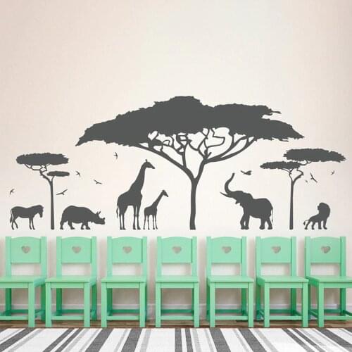 Large African Safari Zoo Animal Wall Sticker Bedroom Kids Room Giraffe Elephant Tiger Forest Nature Wall Decal Vinyl Nursery