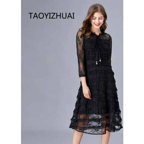 Fashionable black lace dress womens spring and autumn new look thin popular over the knee foreign style bottomed cake skirt
