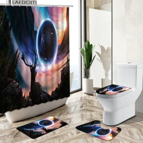 Cartoon Fantasy Elk Shower Curtain Universe Starry Child Bathroom Decor Non-Slip Carpet Toilet Cover Bath Floor Mat Set Washable