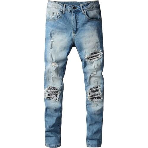 Mens Bandana Paisley Printed Patchwork Ripped Jeans Streetwear Slim Skinny Stretch Denim Pants Light Blue Trousers