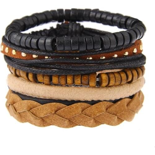 Mens Bracelet Set Charm Rivet Black Weaving Male Leather Bracelets Bangles Handmade Wooden Beads Braclet accesorios hombre