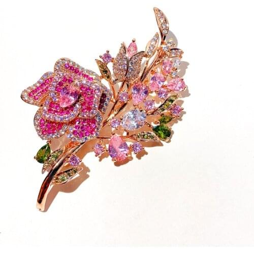 New Korean Trendy Rose Flower Brooches Female Pink Cubic Zirconia Corsage Women Suit Jacket Brooch Pin Fashion Broche Jewelry