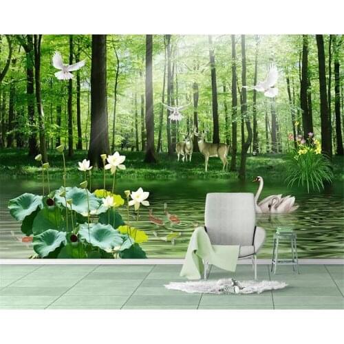 Beibehang Custom wallpaper mural 3D nature green forest Lotus deer landscape background wall painting wallpaper for living room