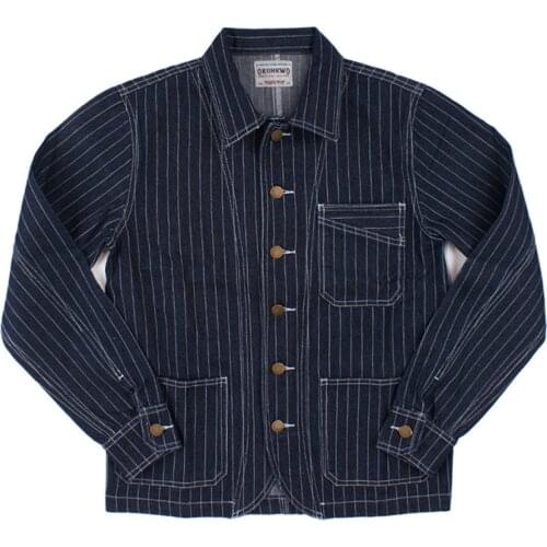 OK8602 Denim Vertical Striped Jacket Men Tooling Motorcycle Style Hip Hop Cool Handsome Youth Multi-Pocket Lapel Coat Clothing