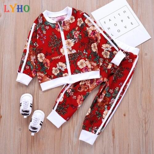 Autumn New Children Clothing Set Fashion Girl Floral Print Long Sleeve Zipper Coat + Pant 2pcs Outwear Sports Suit For Kids 2-6Y