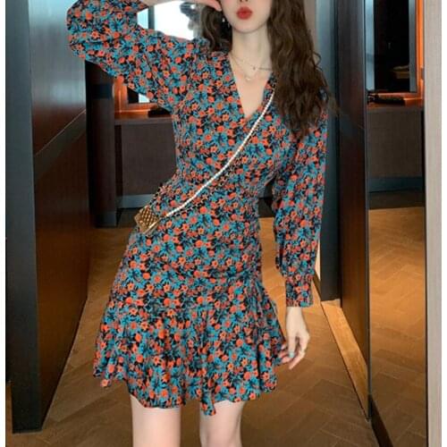 Floral Print Chiffon Dress Long Sleeve Ruffle Hem Slim Wait Vintage Dress Women Korean Style Chic Designer Dresses Vestidos