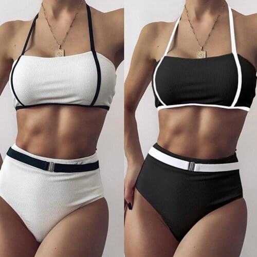 2021 Sexy Ribbed Halter Bikini Black and White Patchwork Split Swimsuit Sexy Female Two-piece Bikini set High Waist Bathing Suit