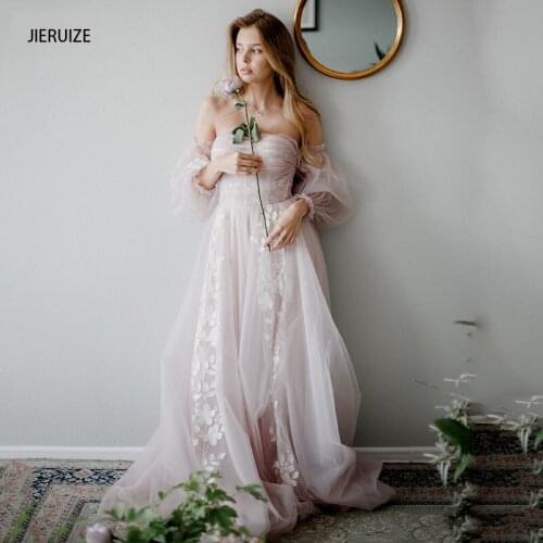 JIERUIZE Light Pink Tulle Summer Boho Wedding Dresses Detachable Sleeves Buttons Beach Wedding Bridal Dress robe de soiree