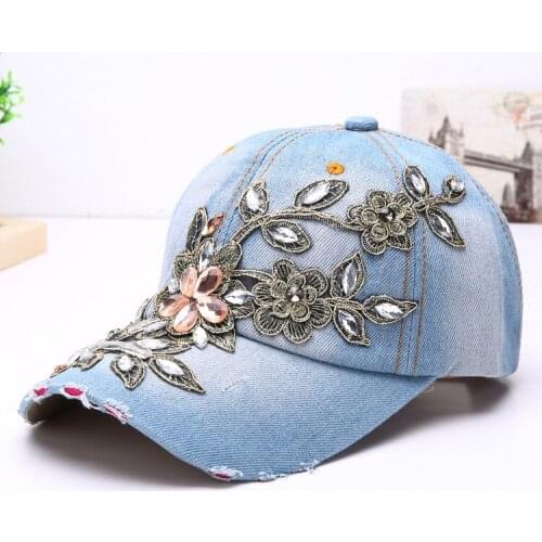 Womens Summer Baseball Cap Diamond Painting Embroidery Flower Denim Hats Cap Cowboy Sun Hat
