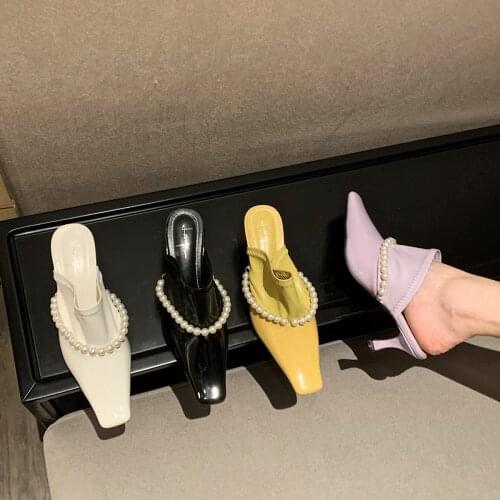 2021 Spring/Summer New High Heel Sandals Womens All-Matching Lazybones' Shoes Square Head Pearl Rhinestone Stiletto Pumps