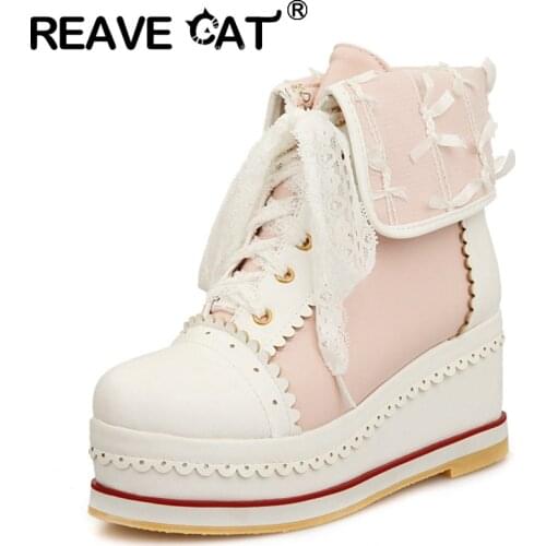 REAVE CAT 2021 Sweet Ankle Boots Lolita Appliques Platforms Lace Up Candy Color Cosplay Thick Sole Shoes Pink Beige Red A4523