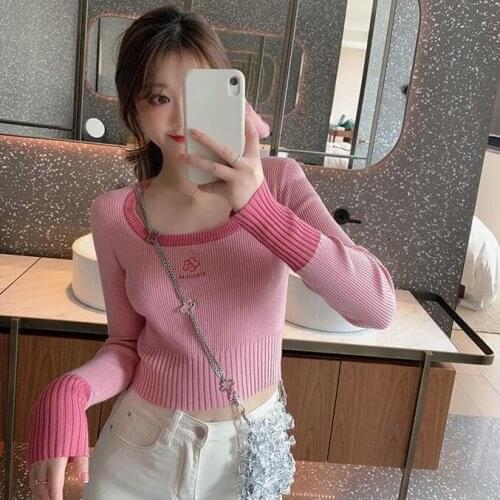 Woman Sweaters Pullover Spring And Autumn Long-Sleeved Knitted Embroidery Small Flower Tight Top Womens Inner Femme Chandails