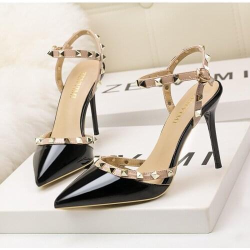 NEW 9CM PUMPS European style simple sexy club thin heel high heel shallow mouth head rivet hollows womans single shoe