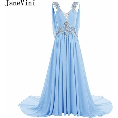 JaneVini Luxury Heavy Beaded A Line Prom Dresses 2019 Sexy Blue V Neck Court Train Backless Chiffon Plus Size Long Evening Gowns