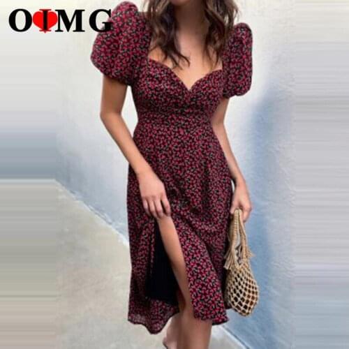 OIMG Sexy Floral Casual Dress Lady Wrapped Chest Square Collar Mid Calf Puff Sleeve Dresses V-Neck Split Fairycore Clothes 10310
