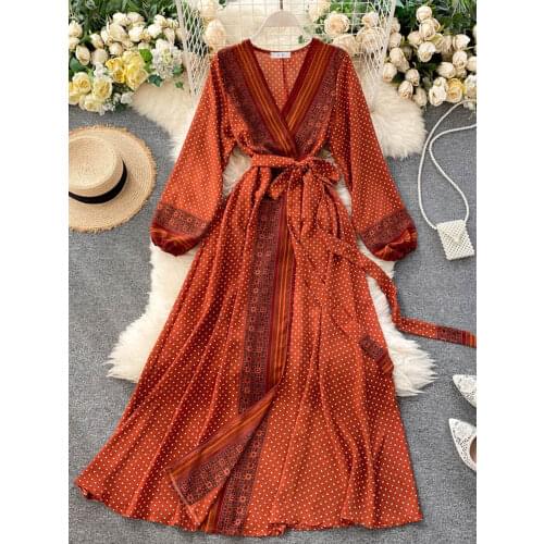 Spring Autumn Womens Holiday Dress 2021 New Thin Chiffon Retro Print Lace-up Waist Slim Long Dress for Women GD975