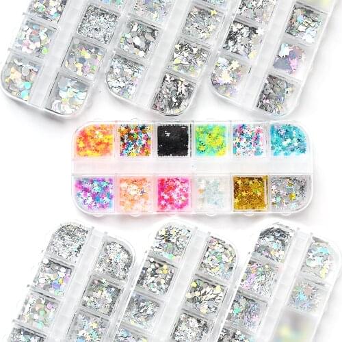 12 Grids/Box Nail Glitter Flakes 3D Mixed-Shape Chunky Holographic Laser Shining Sequins Nail Art Ultra-Thin Dec Paillette O-DS8