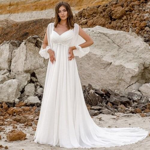 2021 V-Neck Appliques Lace Comfortable Long Sleeve A-Line Chiffon Pregnant Maternity Wedding Dress Bridal Dress robes de mariées