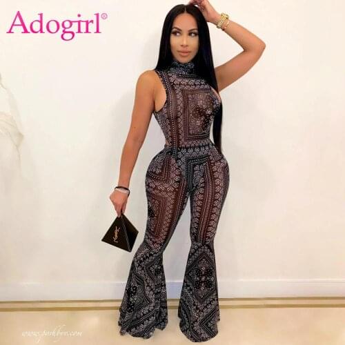 Adogirl Bandanna Print Sheer Mesh Two Pieces Mock Neck Sleeveless Bodysuit Top Foot Cut Flare Pants Suit Fashion Tracksuit