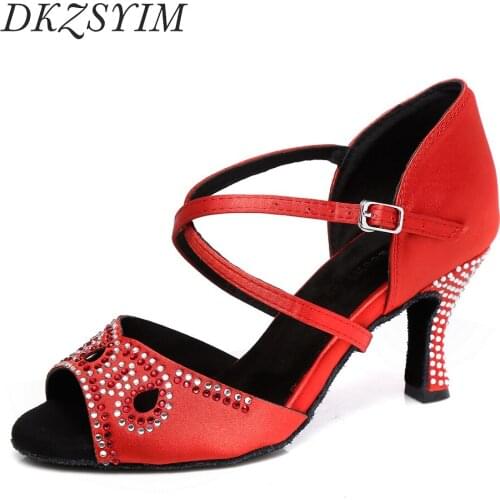 DKZSYIM Red Latin Dance Shoes Women/Ladies Heels 3-10CM Training Perform Ballroom Modern Shoes Satin Rhinestone Dance Sandals