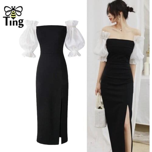 Tingfly Summer Sexy Slash Collar Bodycon Long Party Dresses Hot High Split Black Clubwear Night Dress Zevity Cocktail Elbise Eam