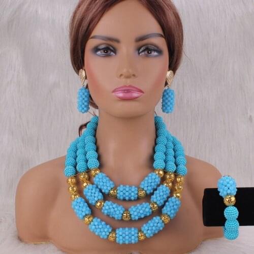 Dudo Sea Blue Jewellery Set Bridal 3 Layers Acrylic and Crystal Balls Accessores Necklace Bracelet Earrings For African Women