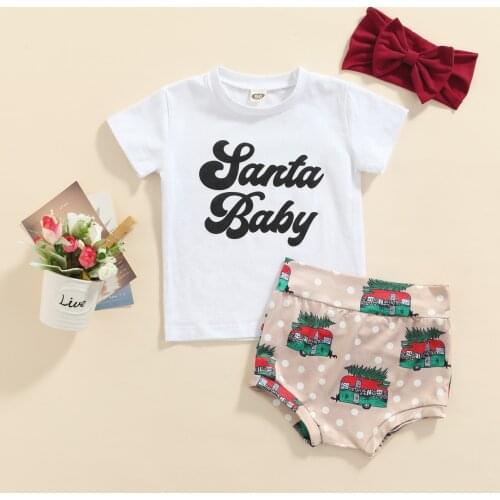 FOCUSNORM 0-24M Summer Lovely Baby Girls Clothes Sets 3pcs Letter Printed Short Sleeve T Shirts Shorts Headband Xmas Outfits