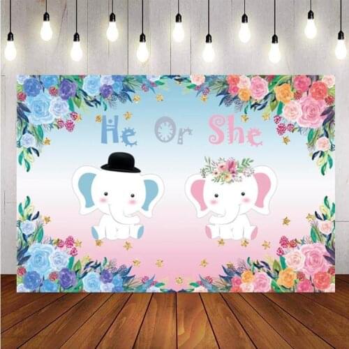 Elephant Gender Reveal Baby Shower Photo Backdrop Newborn Party He Or She Custom Photography Background Decor Banner Supplies