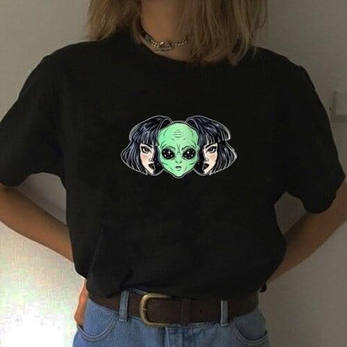 Three Angel Alien T Shirt Cotton Women Alien Space Girl Fashion Cute Grunge Aesthetic Printed Tee Hipsters Galaxy Shirt
