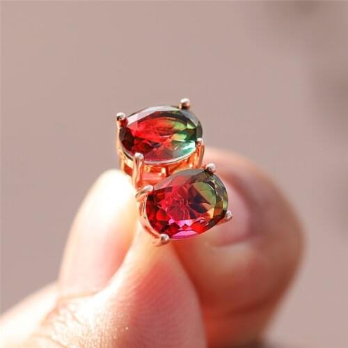 Classic Oval Rainbow Zircon Stud Earrings For Women Vintage Fashion Jewelry Rose Gold Red Green Crystal Gradient Stone Earrings