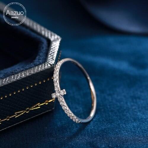 Aazuo 100% 18K White Gold Rose Gold Real Diamond Mirco Paved Classic Cross Line Ring for Woman Charm Jewelry Gift tiny thin