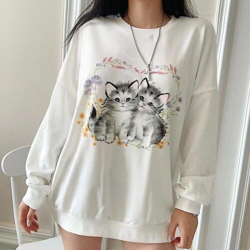 Cat Print Cute White Oversized Sweatshirt Autumn Cute Long Sleeve Sweat Shirt Casual Loose Pullover Ladies Streetwear