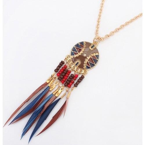 Fashion Trend Bohemian Jewelry Disc Rhinestone Feather bead Tassel Pendant Necklace For Women Charm Jewelry