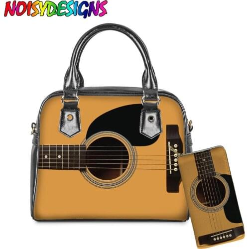 NOISYDESIGNS Retro Musical Instrument Pattern Ladies Handbag PU Leather 2Pcs Set Crossbody Bag Wallet Guitar Print Messenger Bag