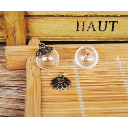 2016 New 50sets 10mm glass bubble with 3mm hole and flower cap jewelry findings set Glass vial pendant glass bottle pendant
