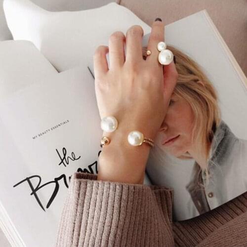 New Wedding Jewelry Gold/Silver Plated Open Cuff Bracelets for Women Simple Double Simulated Pearl Ball Beads Adjustable Bangles