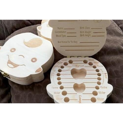 New Spanish/English language Wood Tooth Box Organizer Save Milk Teeth Wood Storage Collecting Teeth Gifts Umbilical Cord Lanugo