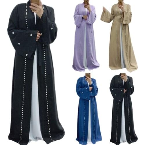 Open Abaya Kimono Women Solid Color Maxi Robe Beads Middle East Dubai Kaftan Muslim Islamic Clothing Cardigan Turkish Fashion