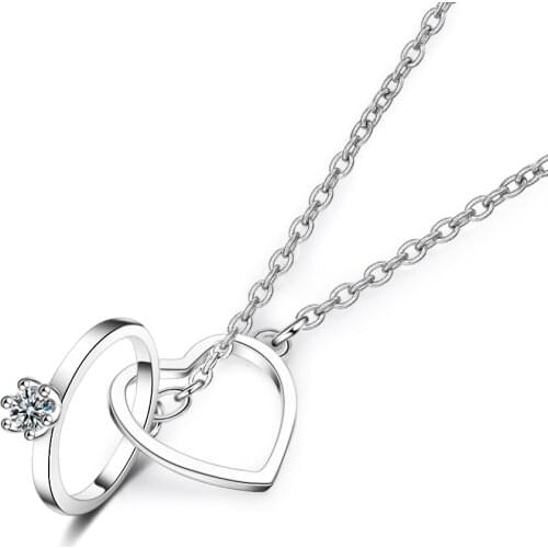 New Fashion Temperament Exquisite 925 Sterling Silver Jewelry Female Double Circle Crystal Heart Shaped Love Necklaces H364