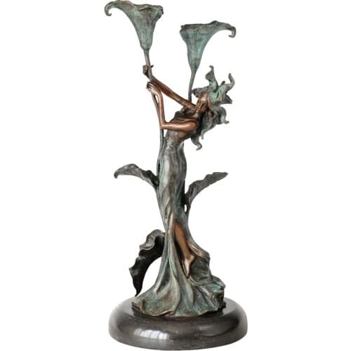 Young Girl Callas Candleholder Candlestick with 2 Holders Statue Sculpture Bronze Green Classical Art Classy Home Decoration