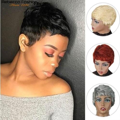 Rebecca Short cute Pixie Cut Wigs Straight Hair Peruvian Remy Human Hair Wig For Women Full Wig Black Red Grey DHL Fast Shipping