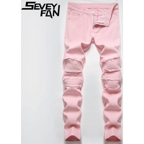 SEVEYFAN 2021 Pink Biker Jeans Mens Skinny Patchwork Pencil Denim Pants Hip Hop Joggers Male