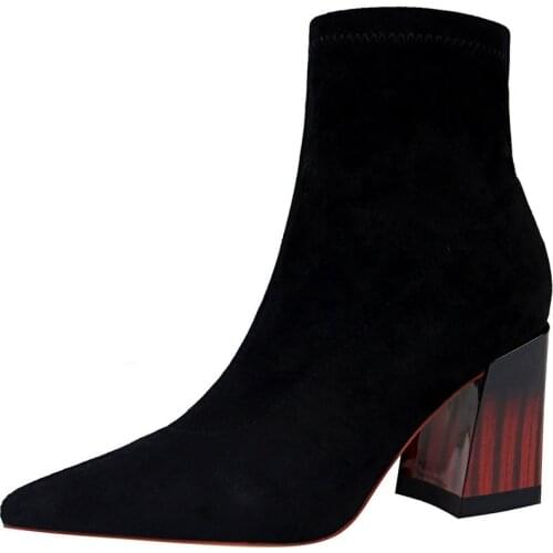 Sexy Autumn Winter Ankle Boots Fashion Womens Stretch Boots Flock Leather Pointed Toe Plush Boots Women High Heels Short Boots