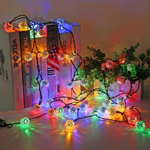 LED Solar String Light Wrought Iron Hollow Moroccan Ball Fairy Lamp Colorful Lantern Light Outdoor Garden Party Art Decorations