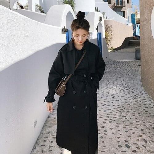 England Style Elegant Double Breasted Belt Black Trench Coat Spring Fall Women Fashion Oversize Loose Long Windbreaker Cloak L01