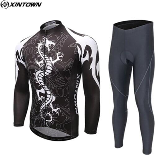 XINTOWN Long Sleeve Ropa Ciclismo Mens Cycling Jersey Bib Pants MTB Bike Clothing Sets Bib Pants Breathable Sportswear Black