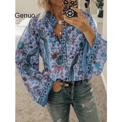 Women Chiffon Shirt Flower Print Bohemian Loose Shirt Button Wide Long Sleeve Top Beach Blouse Boho Shirts 2020 New