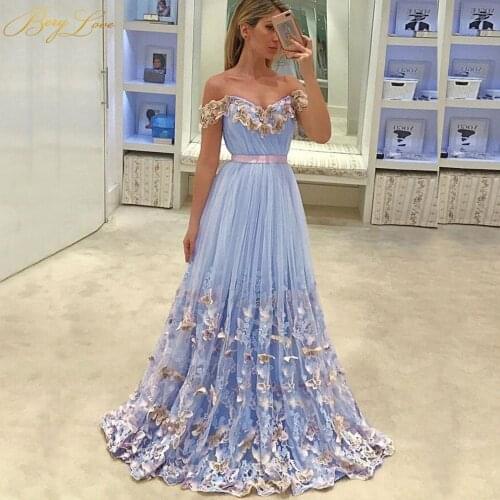 Romantic Off Shoulder Blue Evening Dress 2020 Flower Long Lace Appliques Floral Gown Women Formal Dress Butterfly robe de soiree