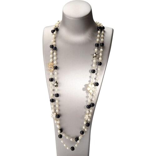 Luxury brand design number 5 long pearl necklace camellia double layer sweater chain necklace woman party jewelry